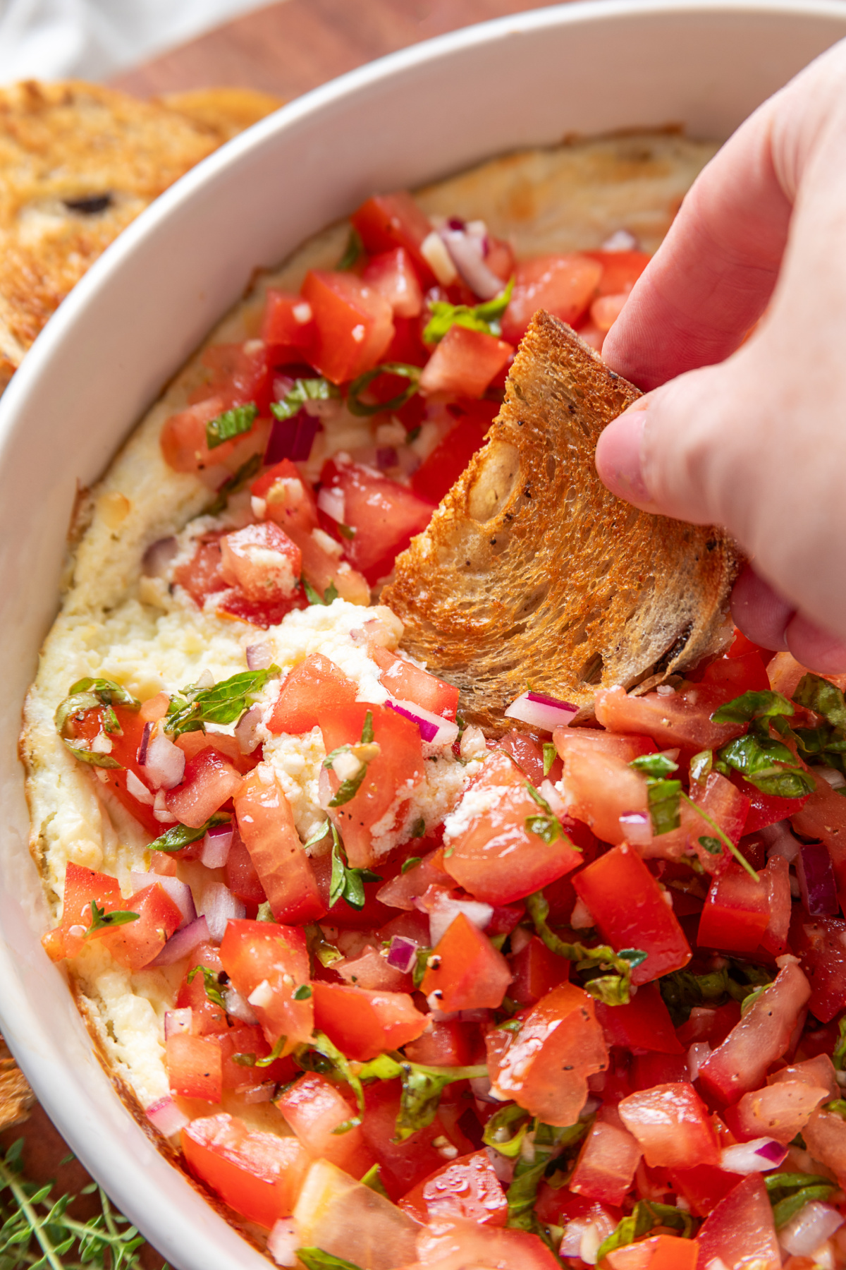 Baked Feta Bruschetta Dip Served with Toasted Bread baked-feta-bruschetta-dip-toasted-bread