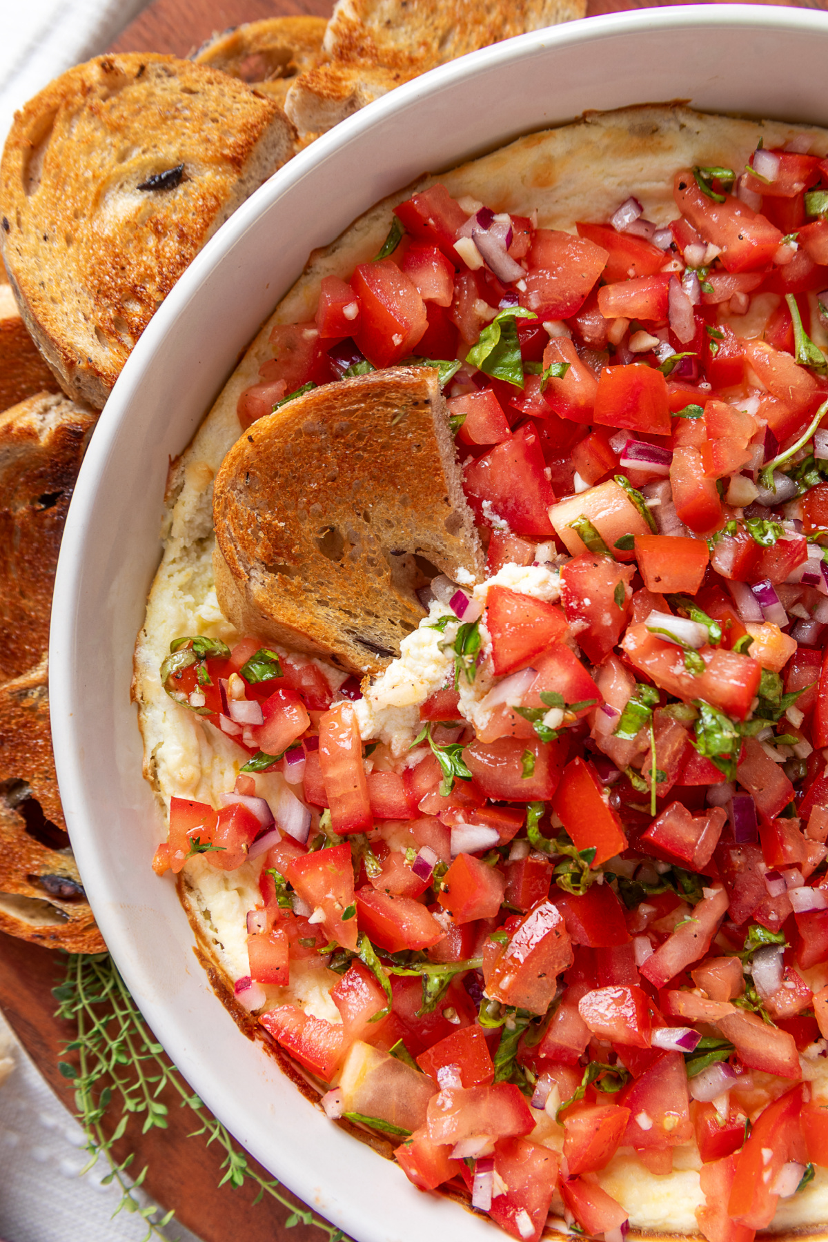 Warm Feta and Bruschetta Dip with Toasted Bread baked-feta-dip-bruschetta-toasted-bread