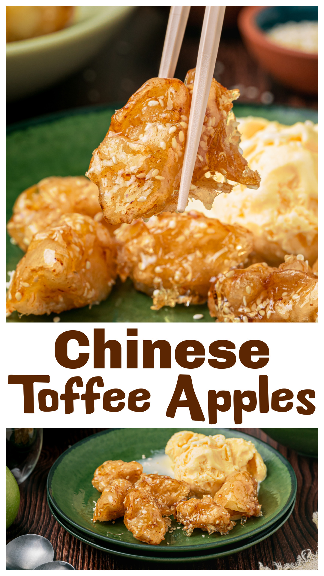 Chinese Toffee Apples are made with tart Granny Smith apple chunks coated in a light batter, fried twice until crisp, then tossed in hot sesame caramel. Each piece gets a quick dip in ice water right before eating, which cools the caramel into a thin, brittle shell around the crisp coating and tart apple underneath. I use exact frying temperatures and cook the caramel to the hard-crack stage so there’s no guessing when the sugar is ready. via @cmpollak1