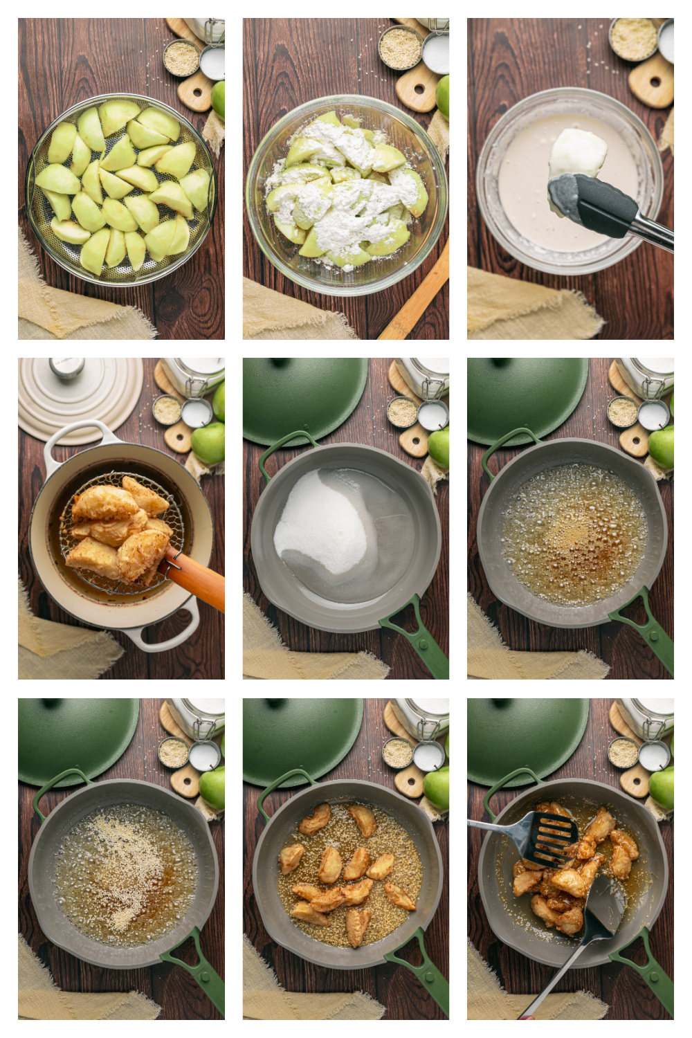 How to Make Chinese Toffee Apples Process for making Chinese toffee apples from preparing and battering the apples through frying and caramel coating