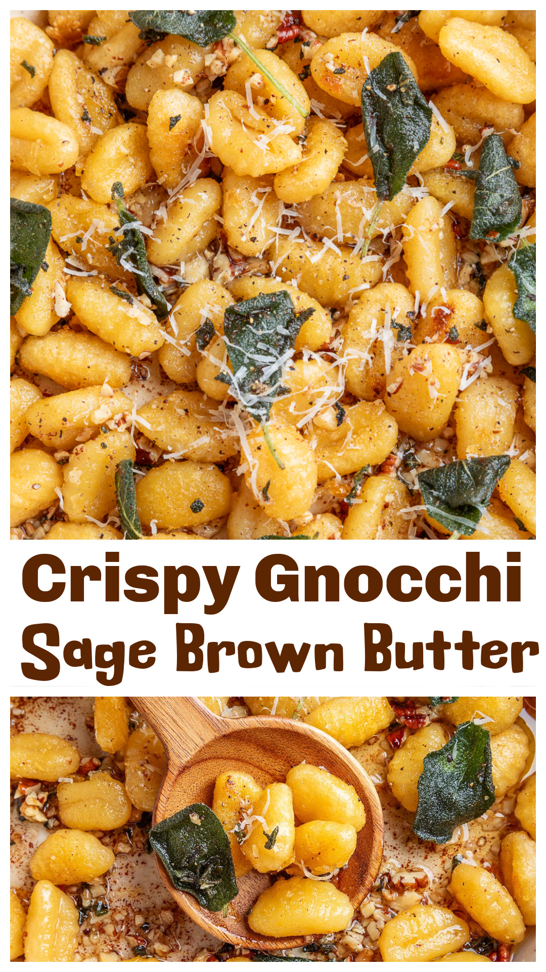 Crispy Gnocchi with Sage Brown Butter starts with potato gnocchi that is boiled until tender, dried well and pan-fried until golden. The sage brown butter is made separately with fresh sage, garlic and nutmeg, then spooned over the gnocchi with toasted walnuts and pecans, grated Parmesan and crisp fried sage leaves. Browning the gnocchi, nuts and butter separately gives you control over each part, while a light-colored pan makes it easier to see when the brown butter is ready. via @cmpollak1