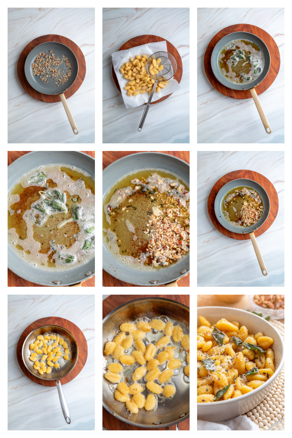 How to make pan-fried potato gnocchi with sage brown butter. Steps for making crispy gnocchi with sage brown butter, from boiling and pan-frying the gnocchi to browning the butter with sage.