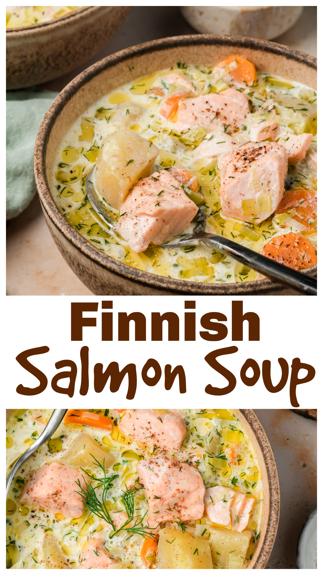 Finnish salmon soup, or lohikeitto, is made with tender chunks of salmon and Yukon Gold potatoes in a creamy seafood broth with leeks, carrots, allspice, white pepper and lots of fresh dill. Prepared seafood stock and skinless salmon keep this lohikeitto recipe manageable at about 40 minutes, while heavy cream gives the broth its creamy finish without turning it into a thick chowder. Save this Finnish salmon soup recipe for salmon season and cold-weather dinners. via @cmpollak1