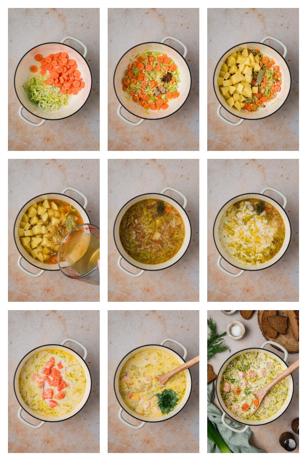 Steps for making Finnish salmon soup with leeks, carrots, potatoes, fish stock, cream, salmon and fresh dill.