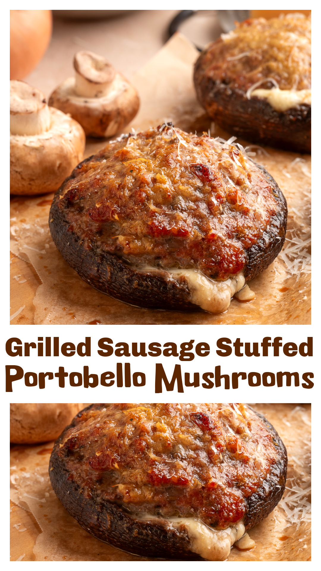Grilled sausage stuffed portobello mushrooms are filled with sweet Italian sausage, sautéed mushroom stems, onion and garlic, with sliced mozzarella underneath and Parmesan mixed into the filling and scattered over the top. They cook directly on the grill until the portobellos are tender, the sausage is cooked through and lots of mozzarella has melted underneath. Four large portobellos make this a substantial grilled dinner instead of an appetizer-sized stuffed mushroom. via @cmpollak1