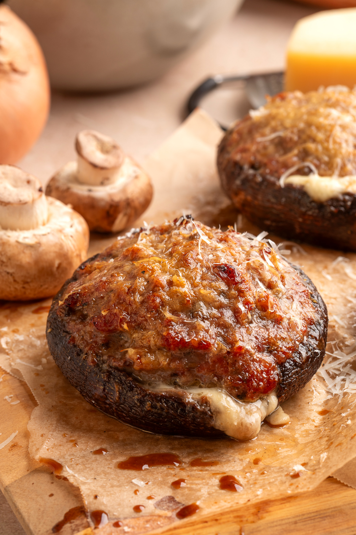 Sweet Italian sausage and Parmesan fill a grilled portobello with melted mozzarella underneath. Grilled sausage stuffed portobello mushrooms with mozzarella and Parmesan cheese