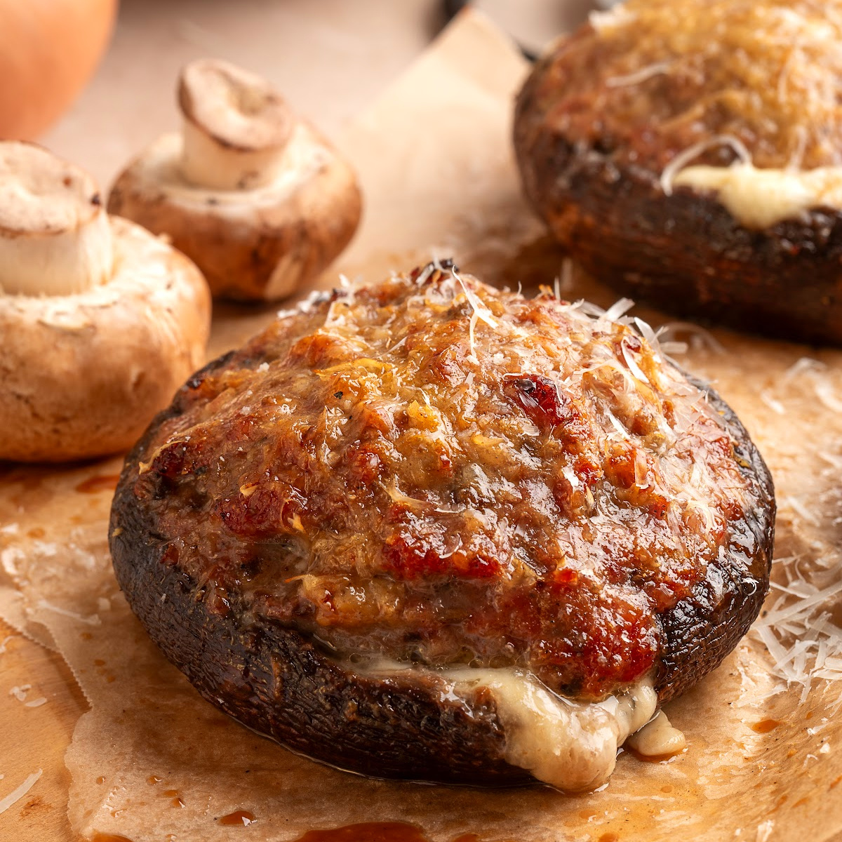 Grilled sausage stuffed portobello mushroom filled with sweet Italian sausage, mozzarella and Parmesan cheese.