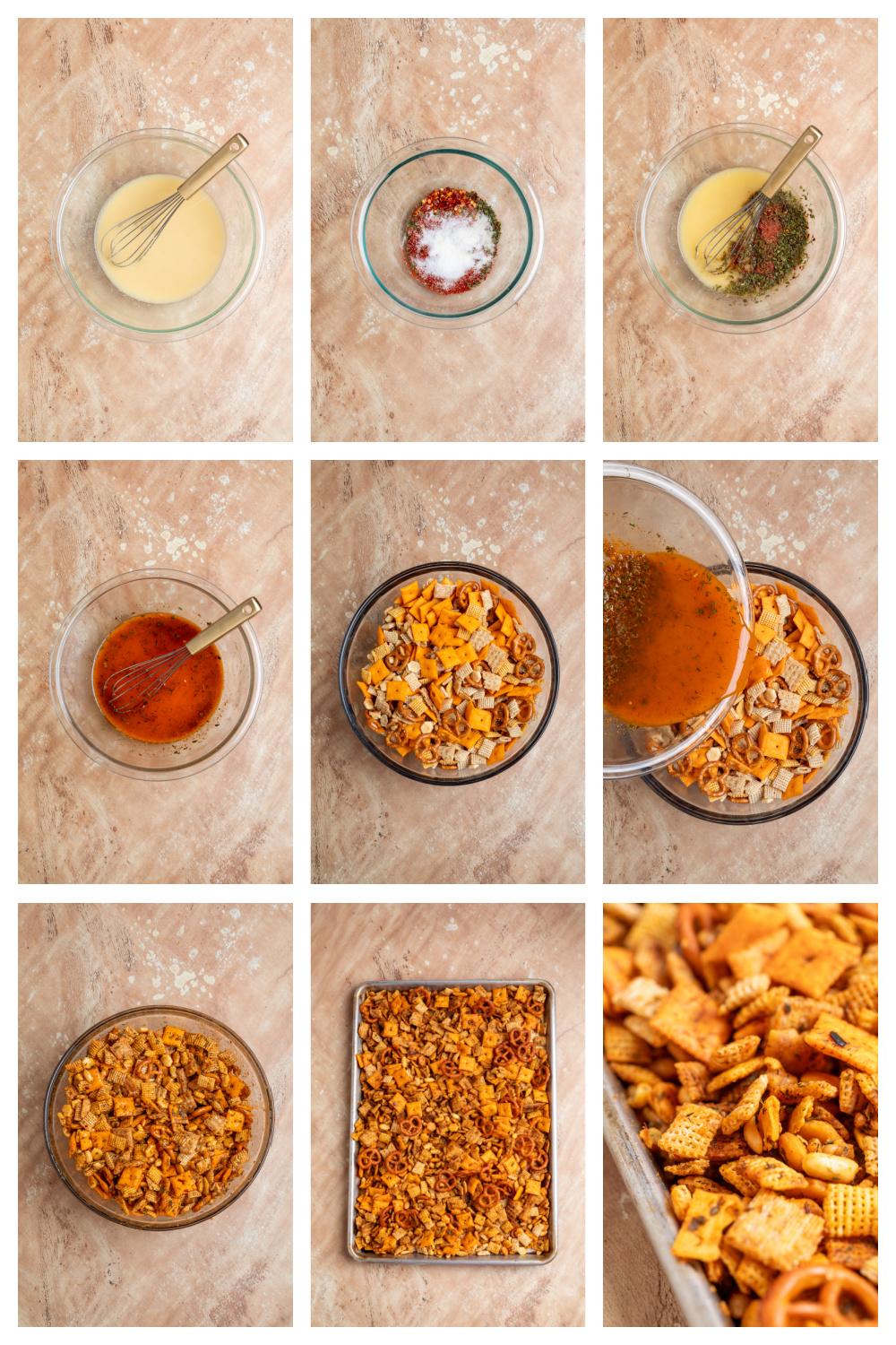Steps for making cowboy butter snack mix by mixing the seasonings, coating the cereal, crackers, pretzels and nuts, then spreading the mixture on baking sheets