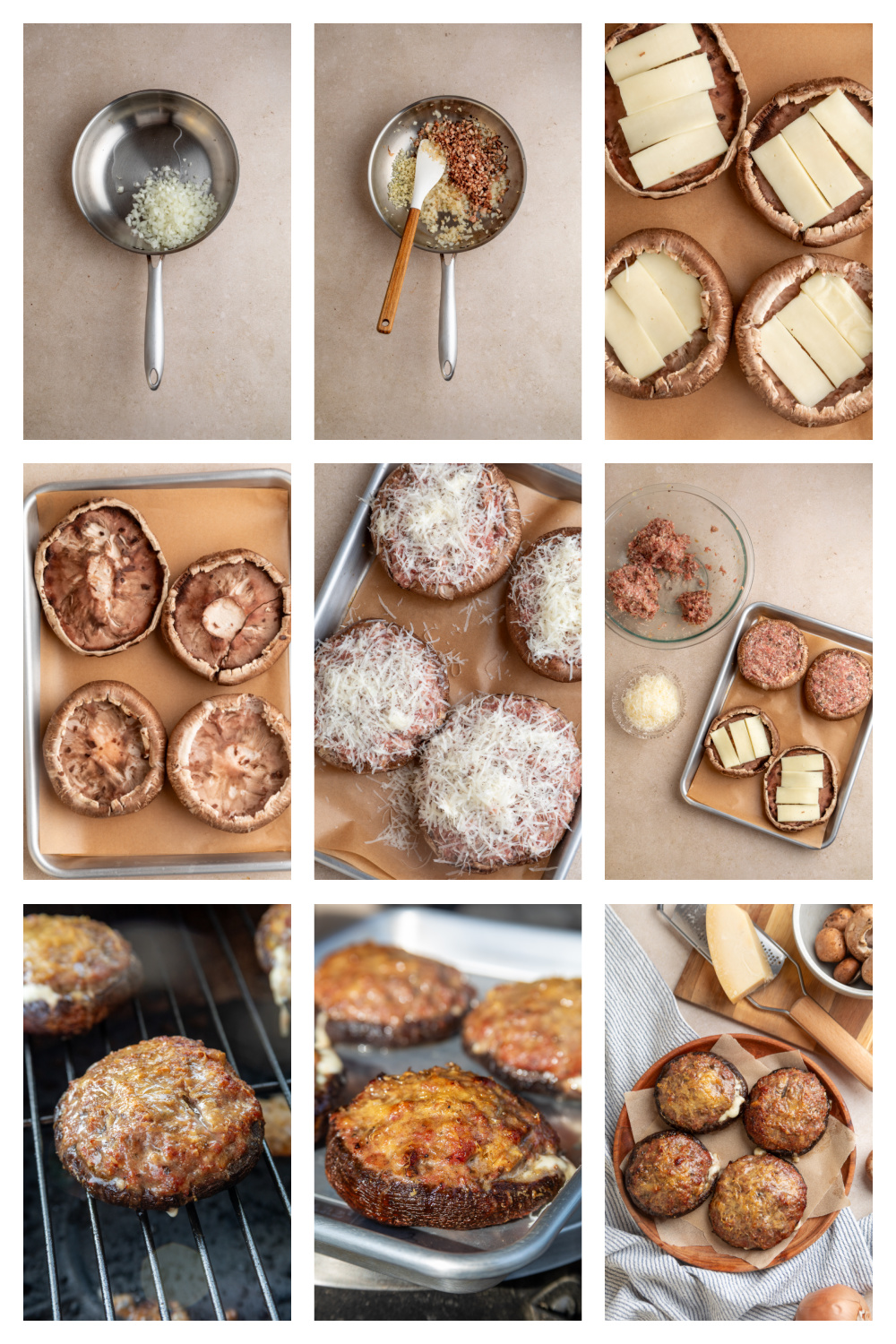 Preparing portobello mushrooms with mozzarella, Italian sausage filling and Parmesan before grilling. Step-by-step process for making grilled sausage stuffed portobello mushrooms