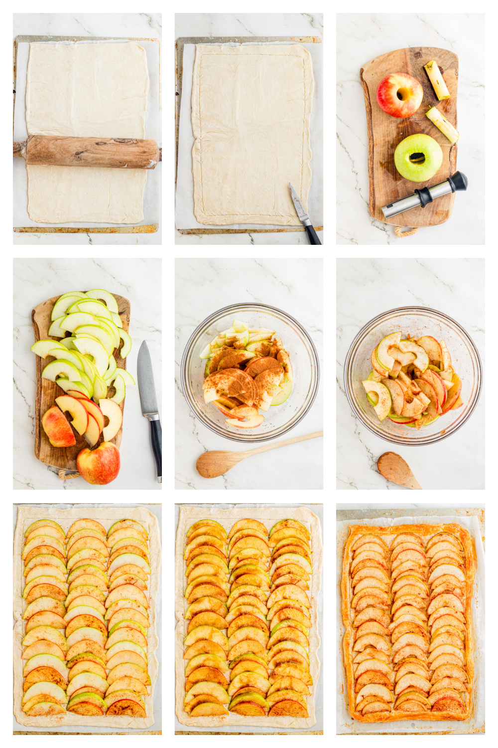 How to make puff pastry apple tart with thinly sliced apples Steps for making puff pastry apple tart with sliced apples arranged over scored pastry