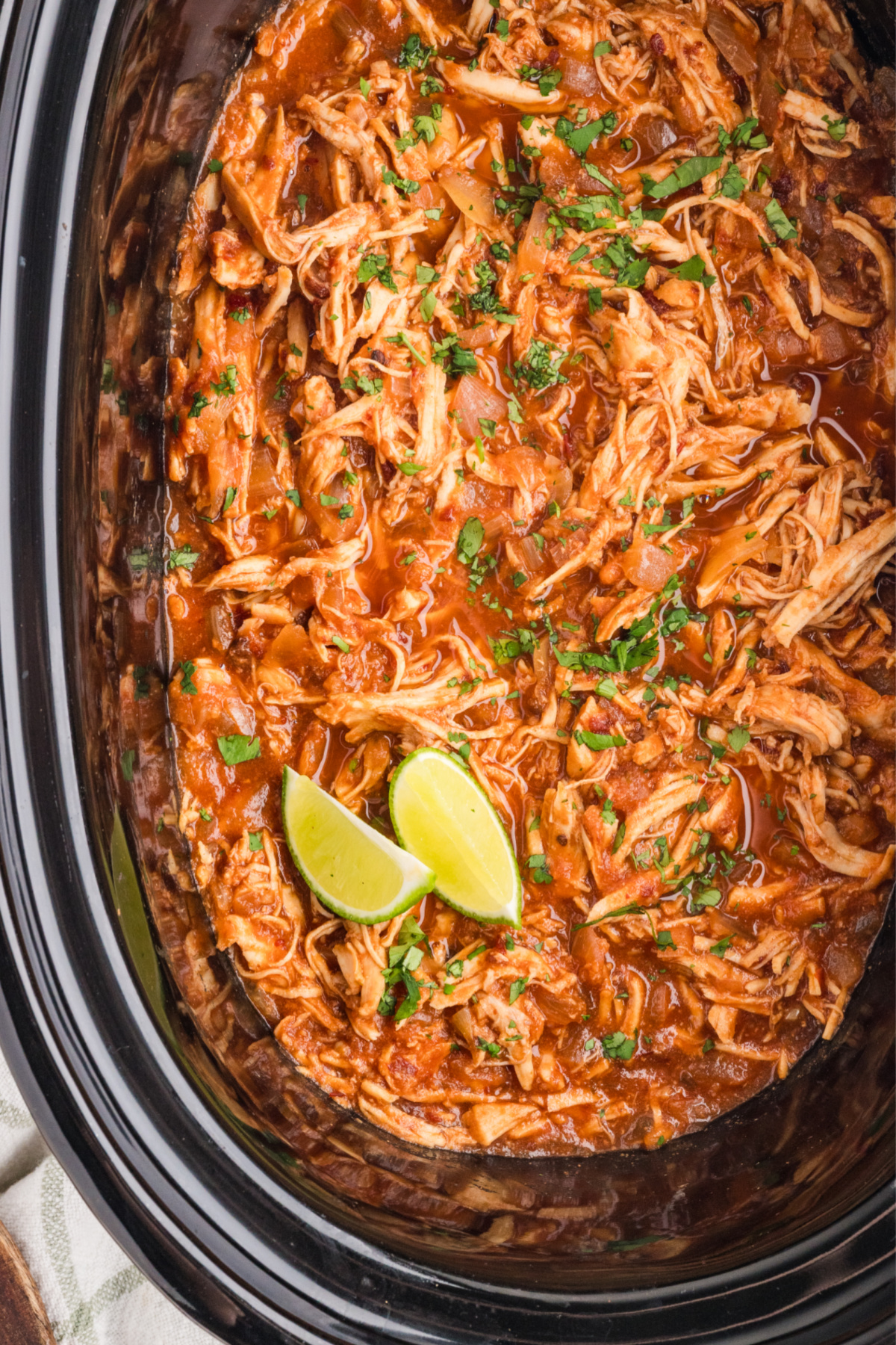 an overhead with slow cooker chipotle chicken in the crockpot
