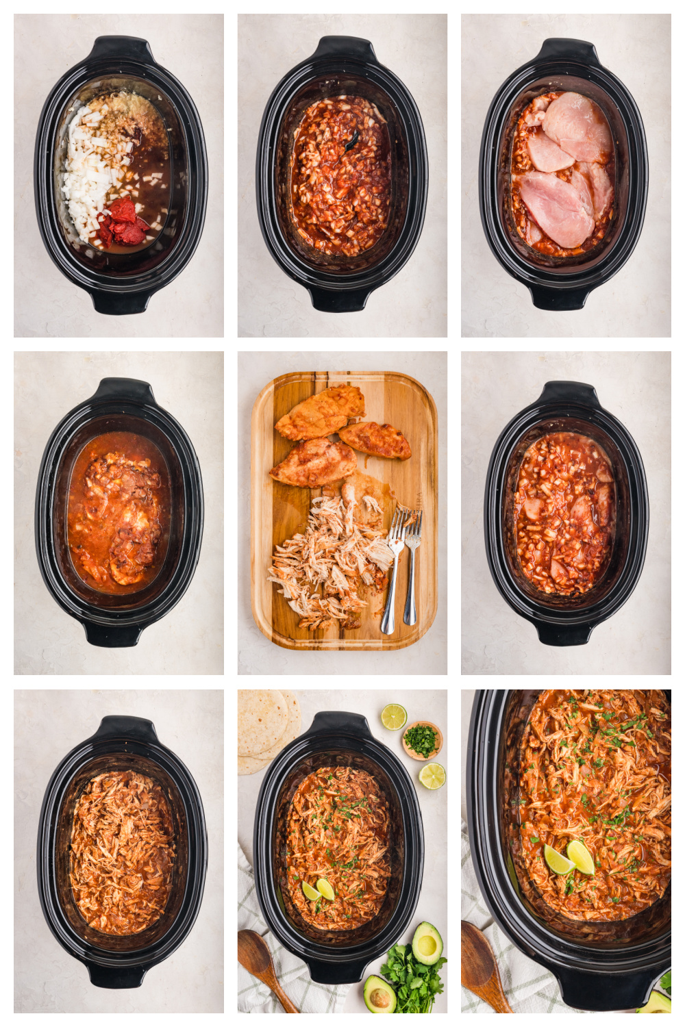Steps for making slow cooker chipotle chicken from mixing the sauce through shredding the cooked chicken