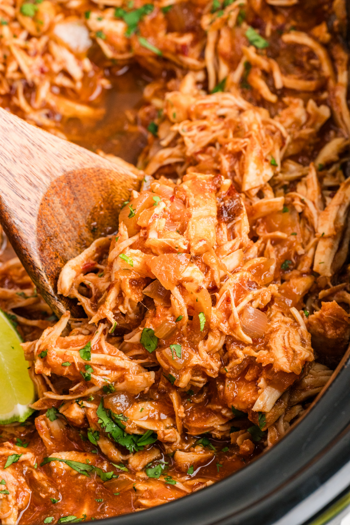 Slow cooker chipotle chicken shredded in a smoky sauce with onions and cilantro
