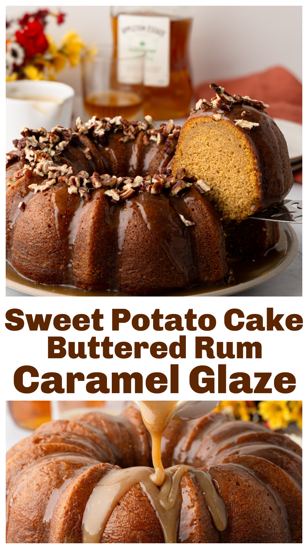 Sweet potato Bundt cake made with roasted sweet potatoes, brown butter and dark rum, then brushed while warm with a buttered rum soak. Once cooled, the cake is covered with a brown sugar rum caramel glaze and toasted pecans. The sweet potato puree is weighed for consistent moisture, and the water lost while browning the butter is added back before mixing the batter. A rich fall Bundt cake for Thanksgiving, holiday dinners and autumn baking. via @cmpollak1
