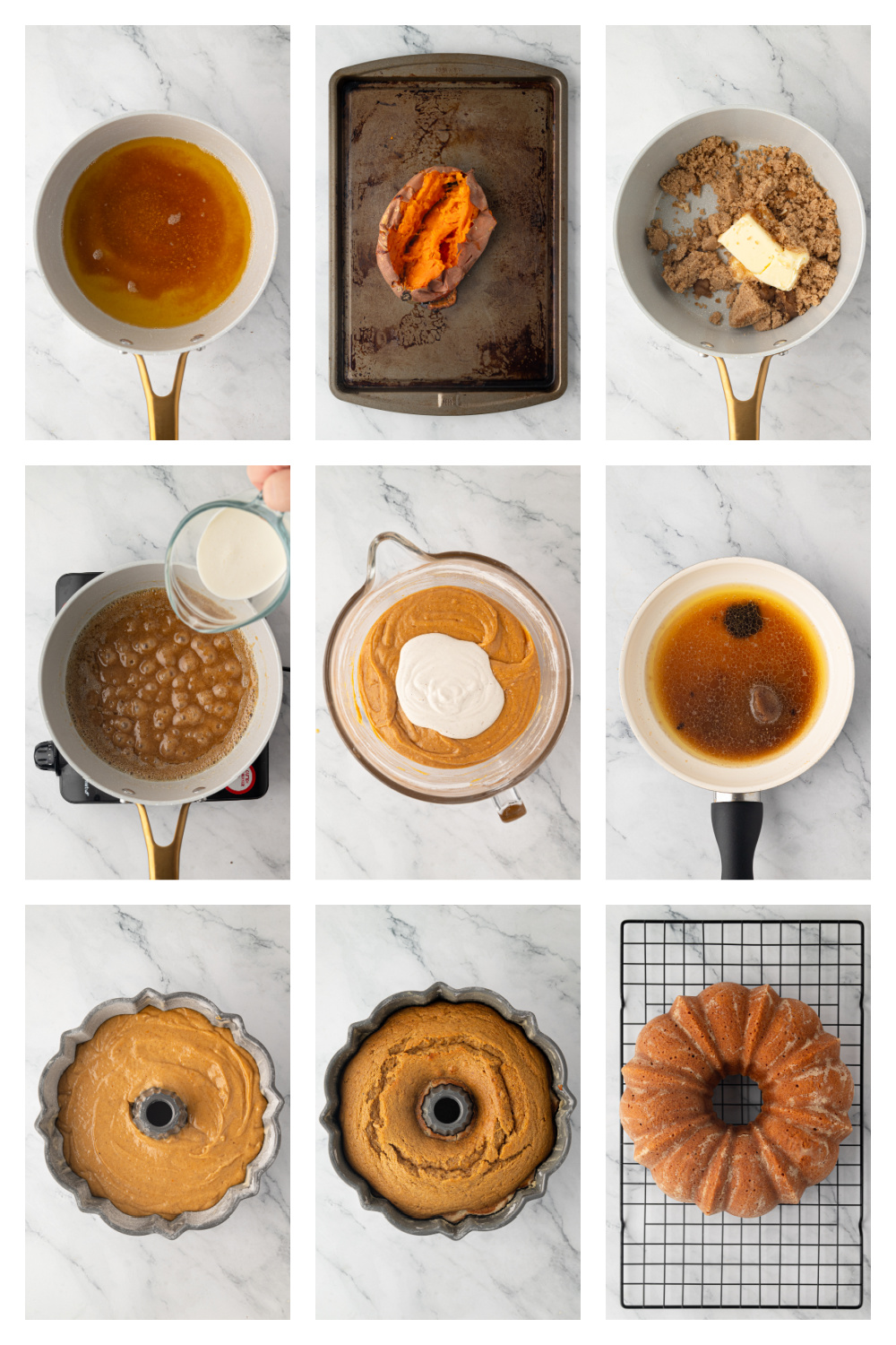 Steps for making roasted sweet potato Bundt cake with restored brown butter, buttered rum soak and dark rum caramel. Process for making sweet potato Bundt cake from roasted sweet potatoes and brown butter through baking, rum soak and caramel glaze.
