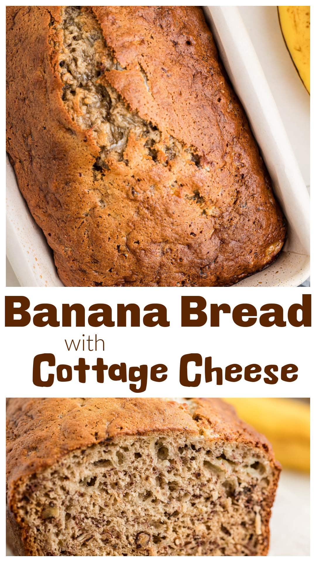 This banana bread with cottage cheese is my everyday recipe when I want a regular loaf without all the extras. Made with three ripe bananas, full-fat cottage cheese, and toasted pecans, it bakes up with a beautifully browned top and a tender interior. There's no butter or oil in the batter, and you don't need a mixer or blender. It's great sliced with butter, toasted for breakfast, or made into French toast. A homemade banana bread recipe worth keeping around. via @cmpollak1
