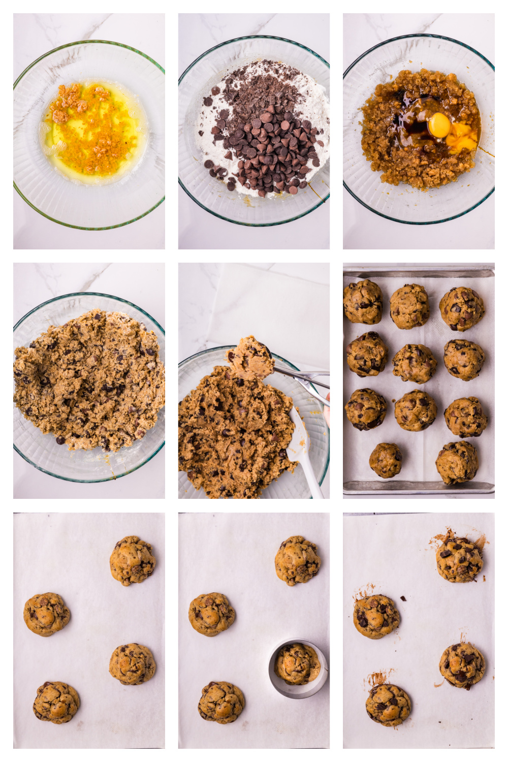 Step-by-step photos showing how to make brown butter chocolate chip cookies, from browning the butter to mixing and shaping the dough.