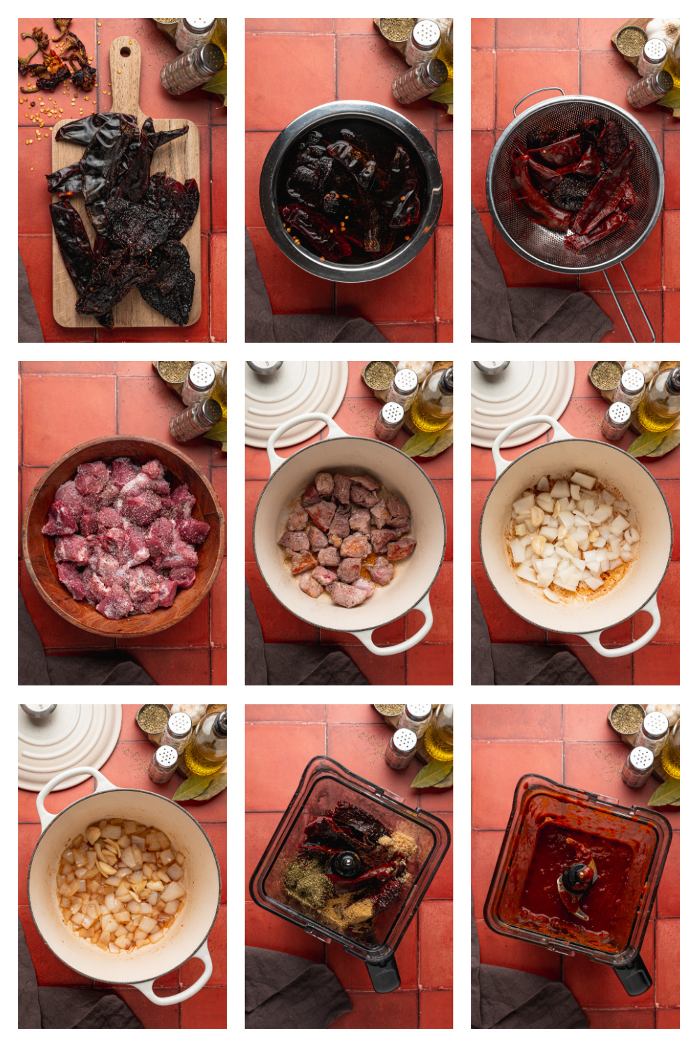 Steps for soaking dried chiles, browning pork shoulder and beginning the carne adovada sauce