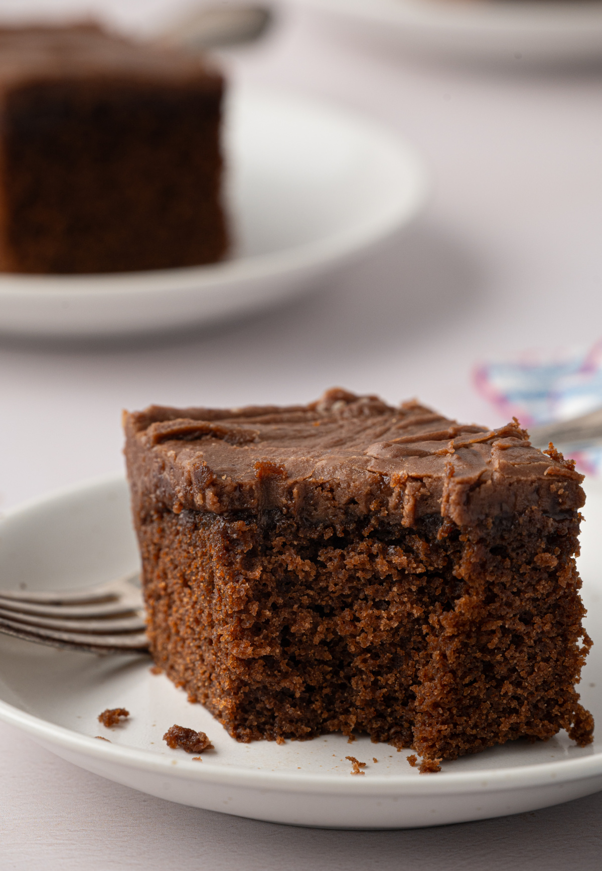 Chocolate Buttermilk Texas Sheet Cake with Brown Butter Frosting Thick slice of chocolate buttermilk Texas sheet cake on a white plate with a generous layer of brown butter chocolate frosting.