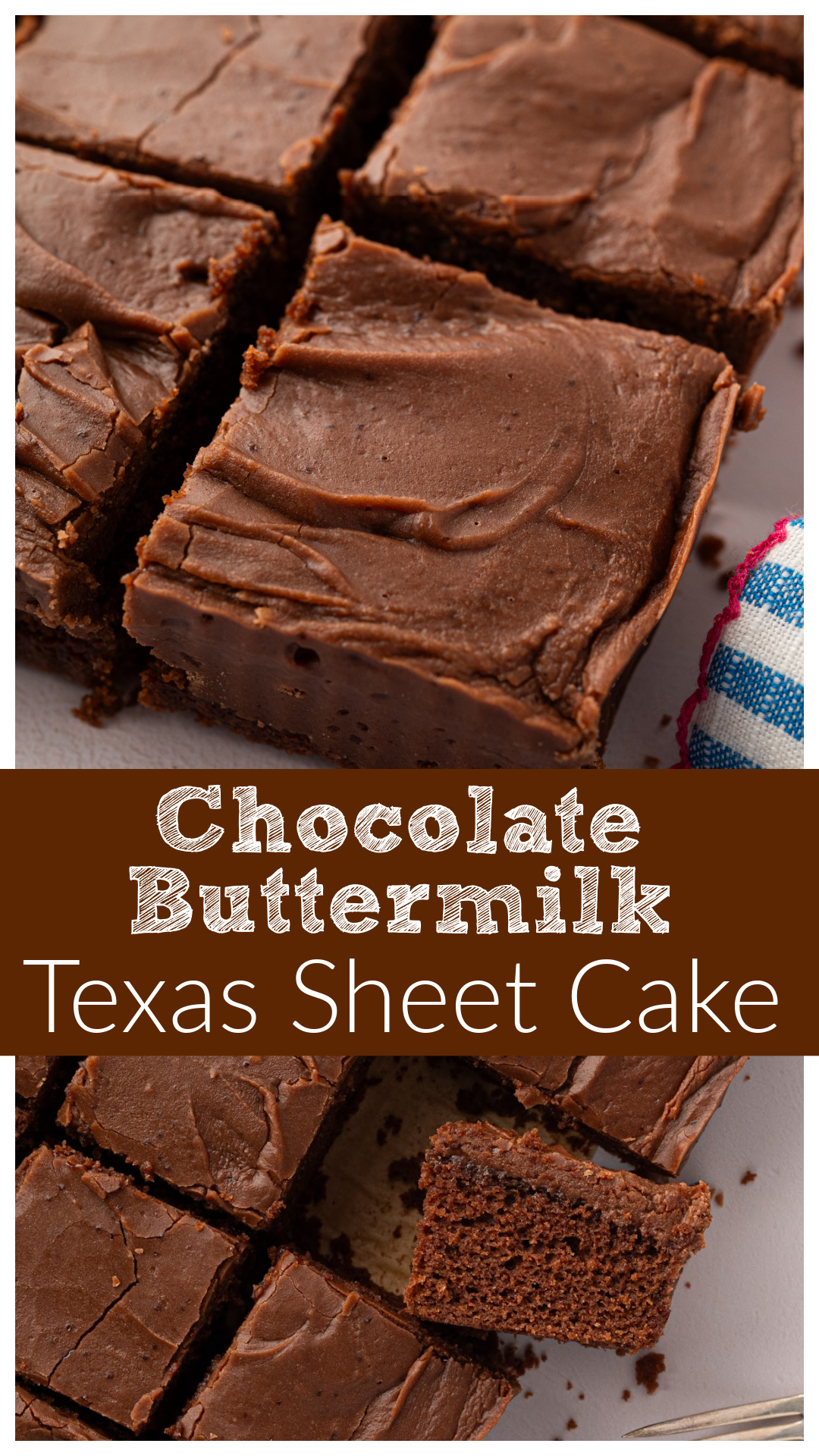 Chocolate buttermilk Texas sheet cake baked in a 9x13 pan for a thicker, tender chocolate cake with a generous layer of brown butter chocolate frosting. Made with Dutch-process cocoa, hot coffee, and buttermilk for rich chocolate flavor. The warm fudge frosting is poured over the hot cake and sets into a thick chocolate layer. This easy homemade Texas sheet cake is perfect for potlucks, family gatherings, holidays, and chocolate desserts. No traditional thin sheet pan required. via @cmpollak1