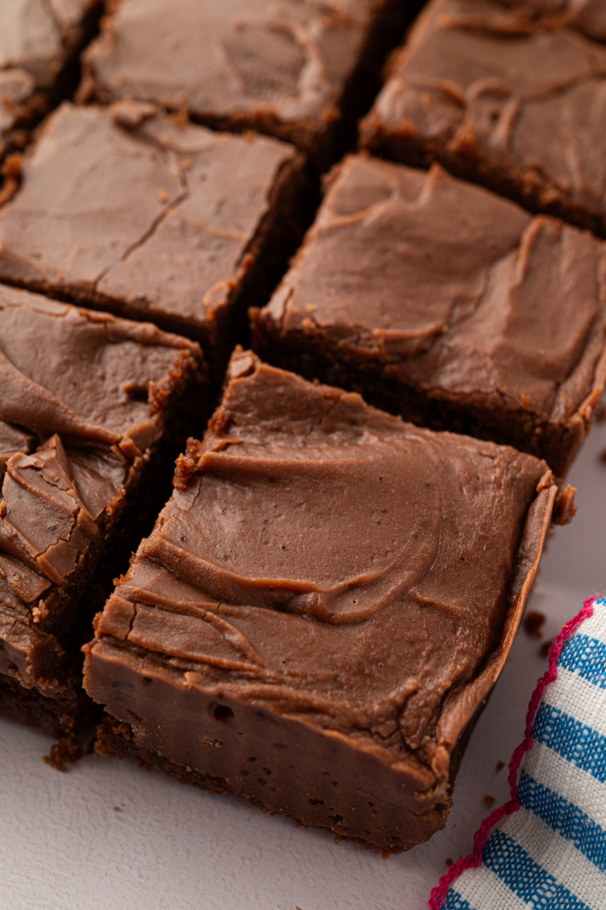 Chocolate Buttermilk Texas Sheet Cake with Thick Fudge Frosting Chocolate buttermilk Texas sheet cake cut into thick squares with a generous layer of chocolate frosting.