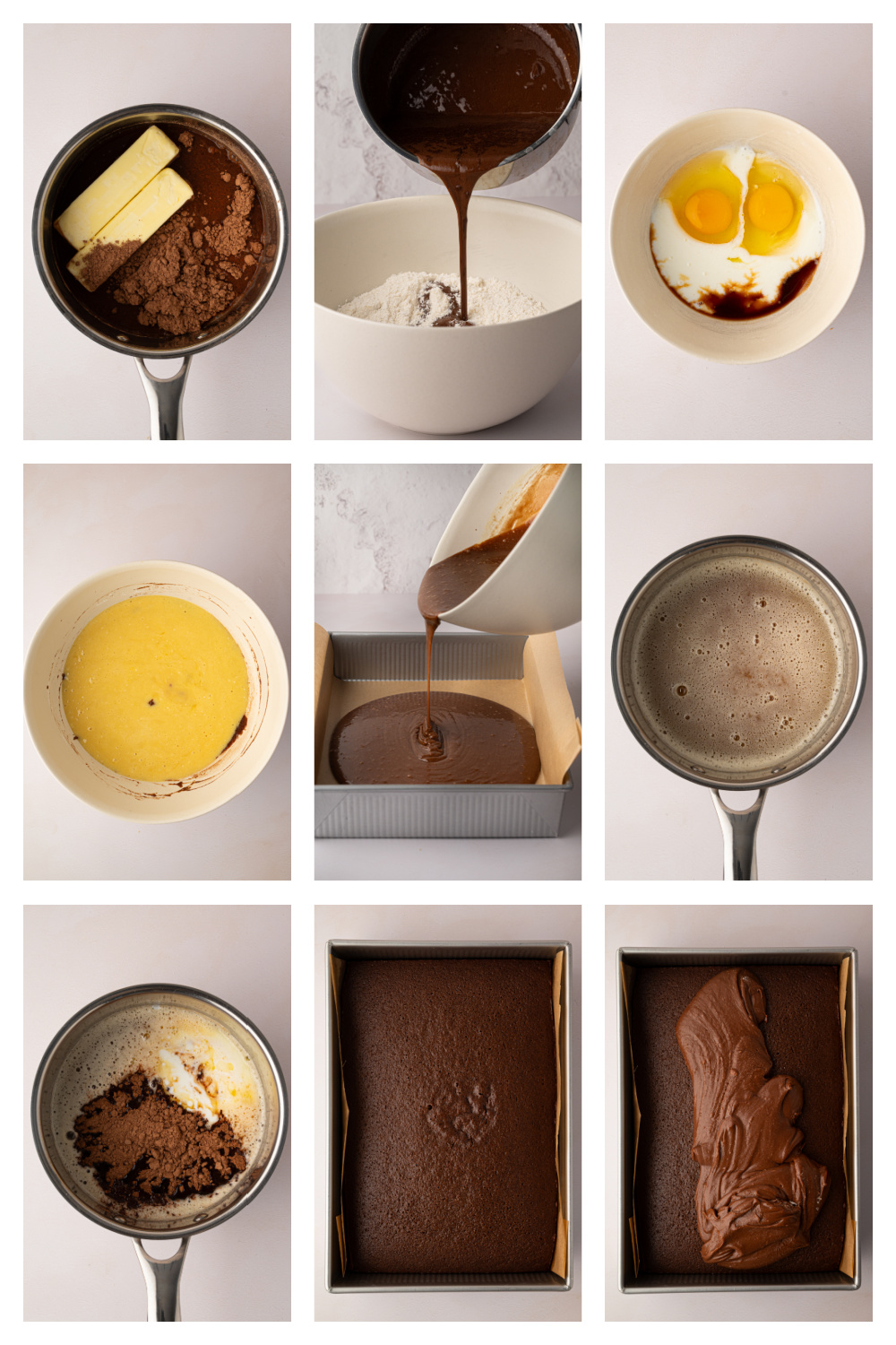 How to Make Chocolate Buttermilk Texas Sheet Cake Step-by-step photos showing how to prepare chocolate buttermilk Texas sheet cake and its brown butter chocolate frosting.