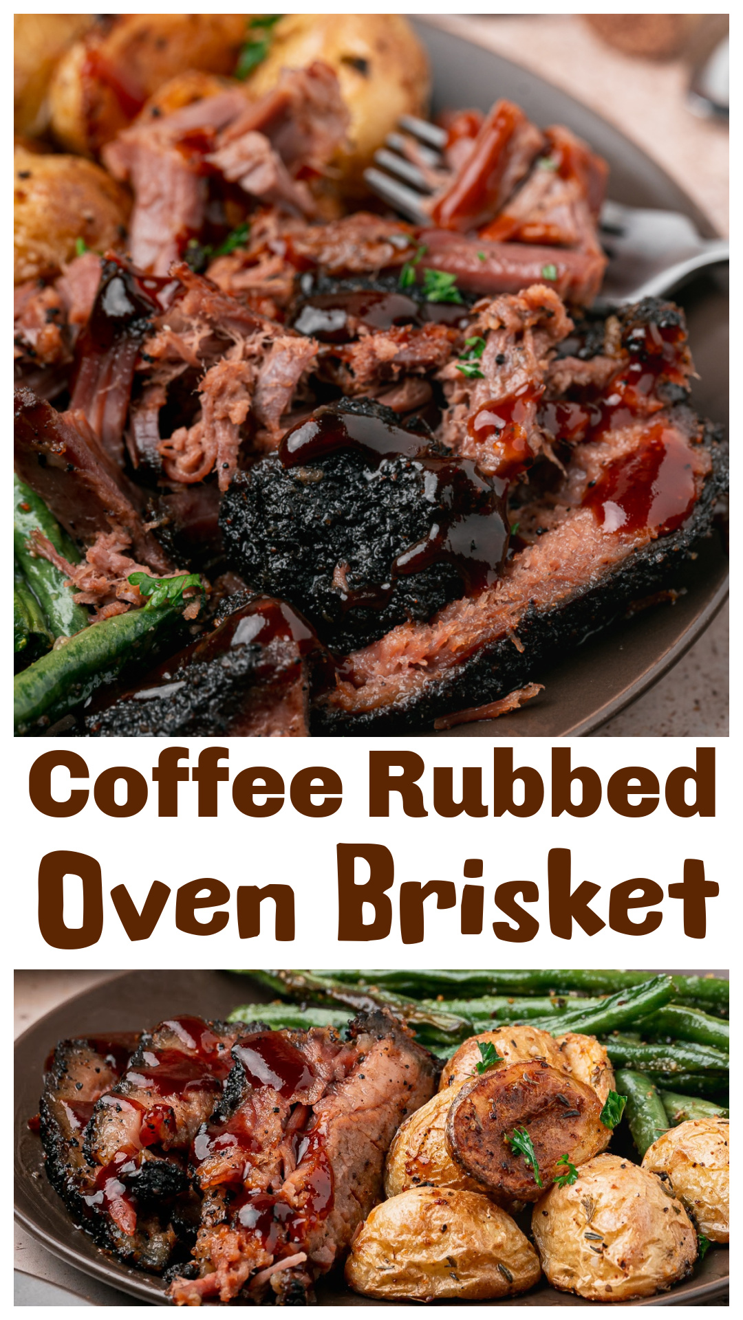 Coffee Rubbed Oven Brisket with a nearly black crust that looks like it came straight out of a smoker, except it's made entirely in the oven. I use a whole packer brisket, finely ground dark roast coffee, brown sugar, chipotle, and smoked paprika. An overnight dry brine helps develop that incredible crust before the brisket roasts uncovered, then finishes wrapped in foil. The flat gets sliced, the point gets pulled, and both are served with barbecue sauce. No smoker required. via @cmpollak1