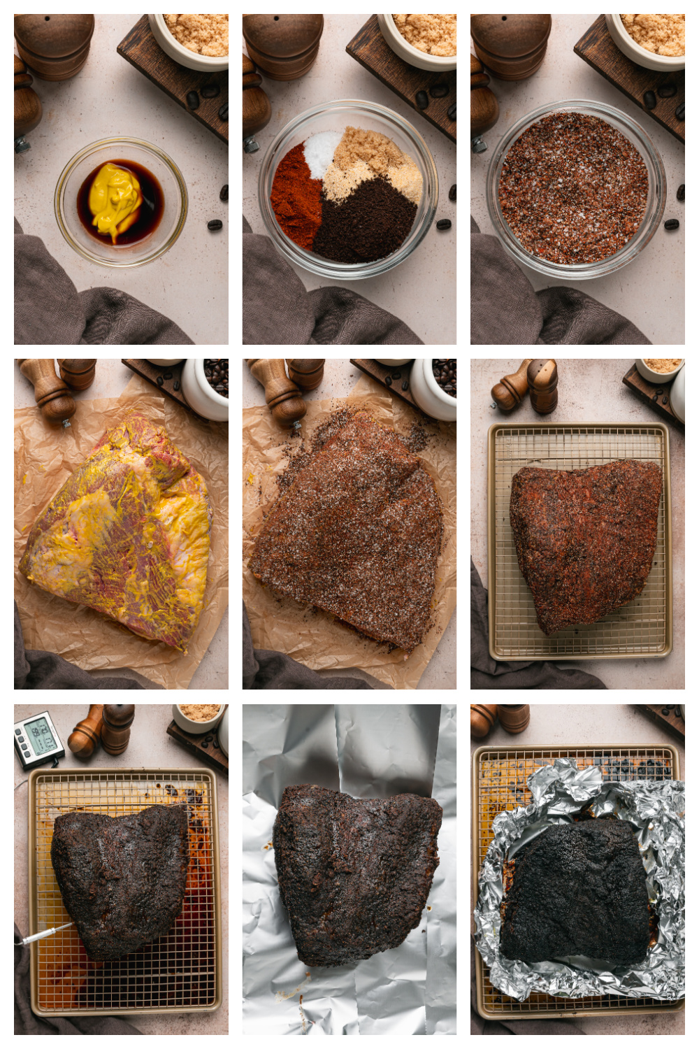 Step-by-step collage showing Coffee Rubbed Oven Brisket being seasoned, roasted until a dark crust forms, and wrapped in foil.