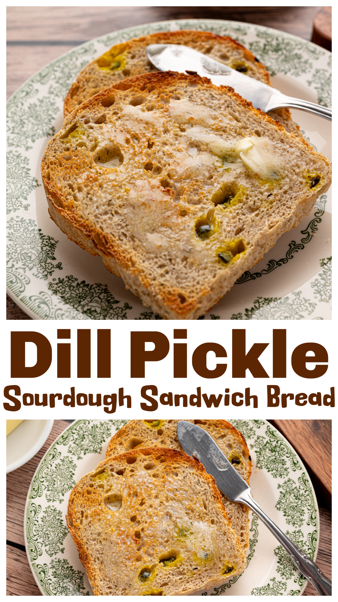 Dill Pickle Sourdough Sandwich Bread is made with chopped dill pickles, pickle brine, garlic, dried dill, and active sourdough starter. Baked uncovered in a Pullman loaf pan, this tangy homemade bread has a tender interior and slices beautifully for grilled cheese, pastrami sandwiches, deli meats, and toast. Try it with sharp cheddar, Gouda, Havarti, or Swiss cheese. Includes step-by-step instructions, fermentation tips, and overnight proofing options. via @cmpollak1