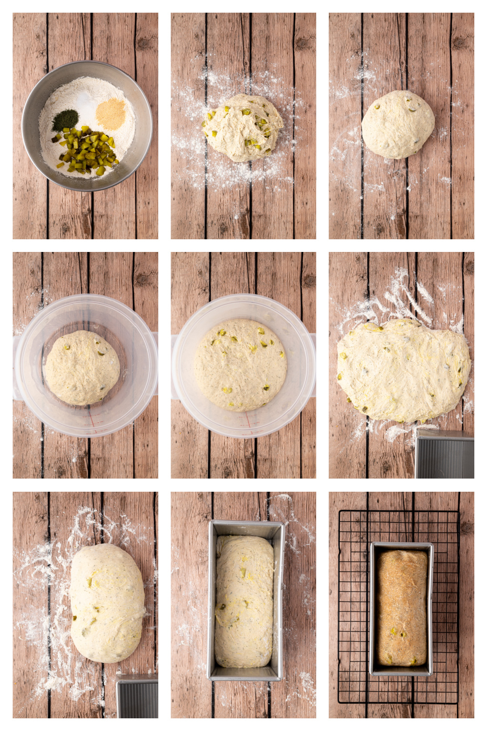 Step-by-step photos showing how to make dill pickle sourdough sandwich bread, from mixing and folding the dough to shaping and baking the loaf.