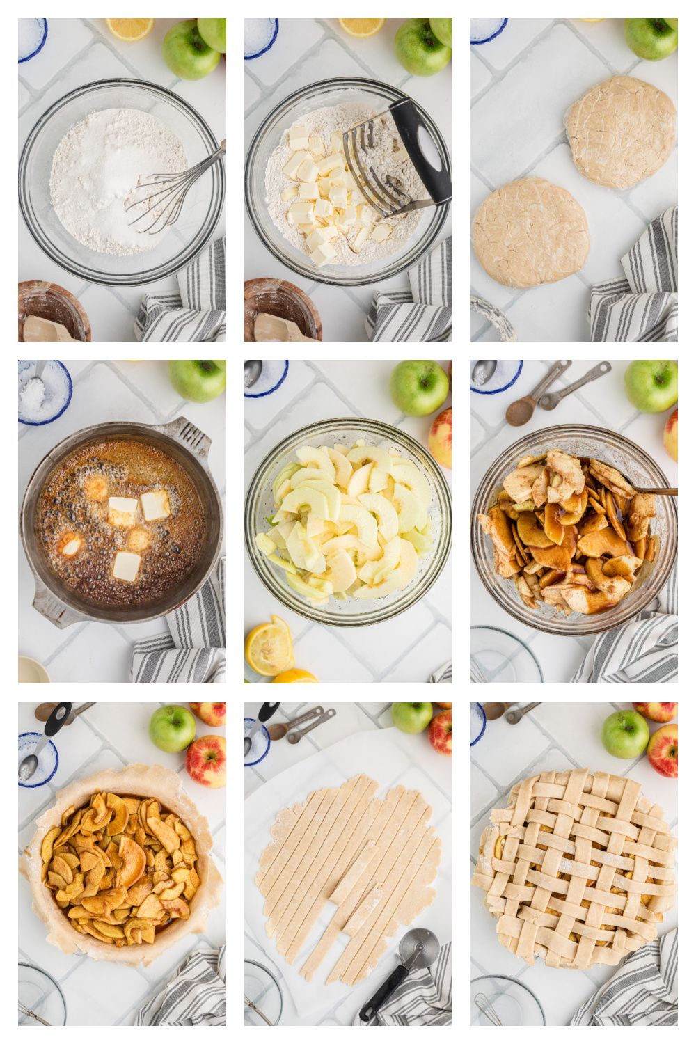 Step-by-step process photos showing how to prepare homemade salted caramel apple pie.