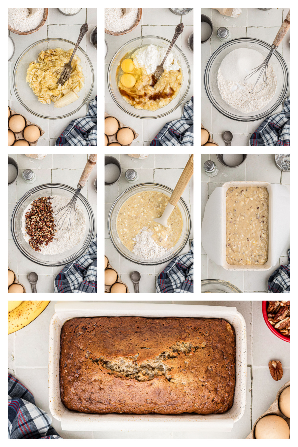 Step-by-step photos showing how to mix and prepare banana bread with cottage cheese before baking.