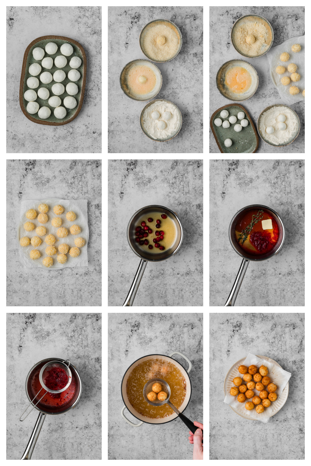 How to Make Fried Goat Cheese Balls with Cranberry Hot Honey Step-by-step photos showing how to make fried goat cheese balls with panko breadcrumbs and cranberry hot honey.