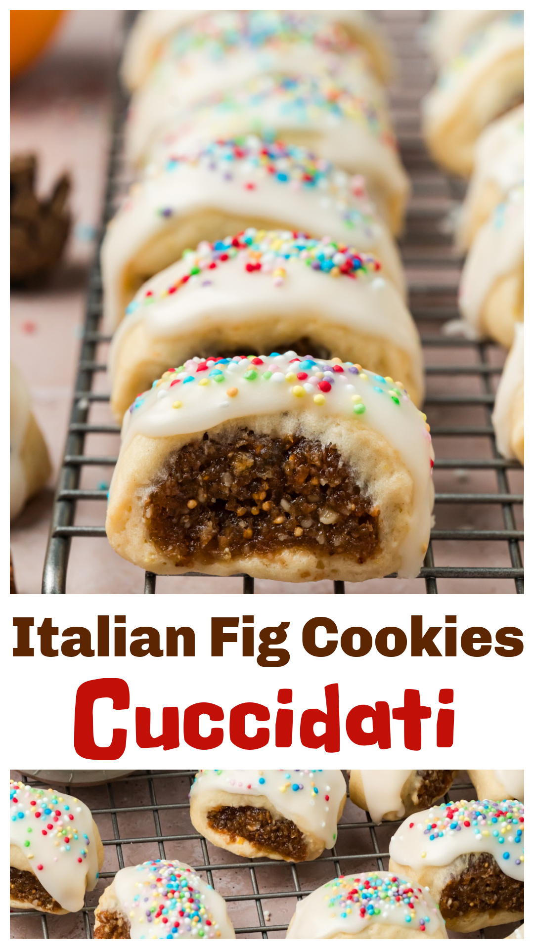 Italian Fig Cookies (Cuccidati) are traditional Sicilian Christmas cookies made with tender, buttery pastry and a moist filling of dried figs, dates, golden raisins, walnuts, orange marmalade, and sweet Marsala. Each cookie is dipped in vanilla glaze and finished with colorful nonpareils. These Italian fig-filled cookies can be prepared over two days, and the finished cookies freeze well, making them a great choice for holiday baking and Christmas cookie trays. via @cmpollak1