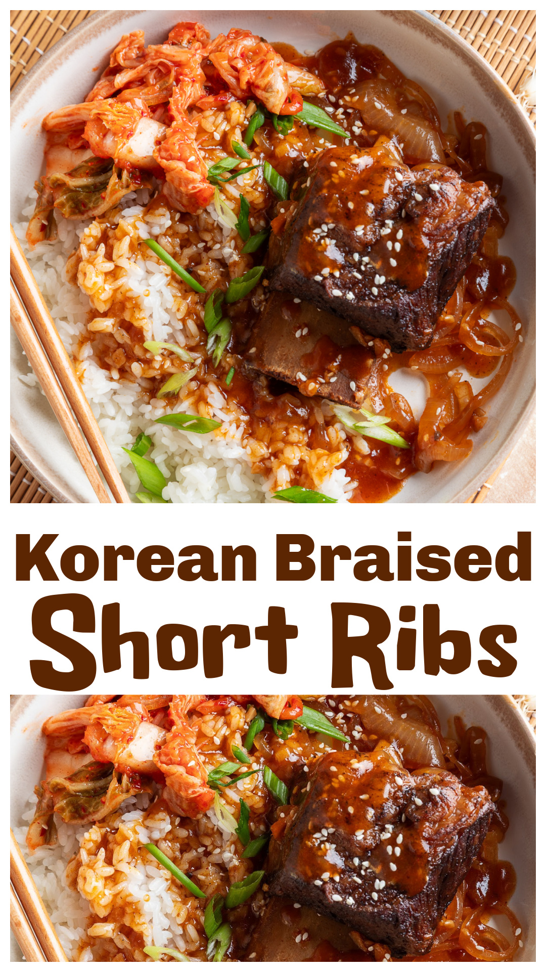 These Korean braised short ribs are made in the slow cooker with bone-in beef, gochujang, soy sauce, garlic, ginger, brown sugar, and mirin. The ribs are seared first, then cooked until the meat is fork-tender and separates easily from the bone. The sweet and spicy sauce is lightly thickened and served over steamed white rice with softened onions, sesame seeds, green onions, and kimchi. This slow cooker beef recipe makes plenty of extra sauce for rice bowls and leftovers. via @cmpollak1