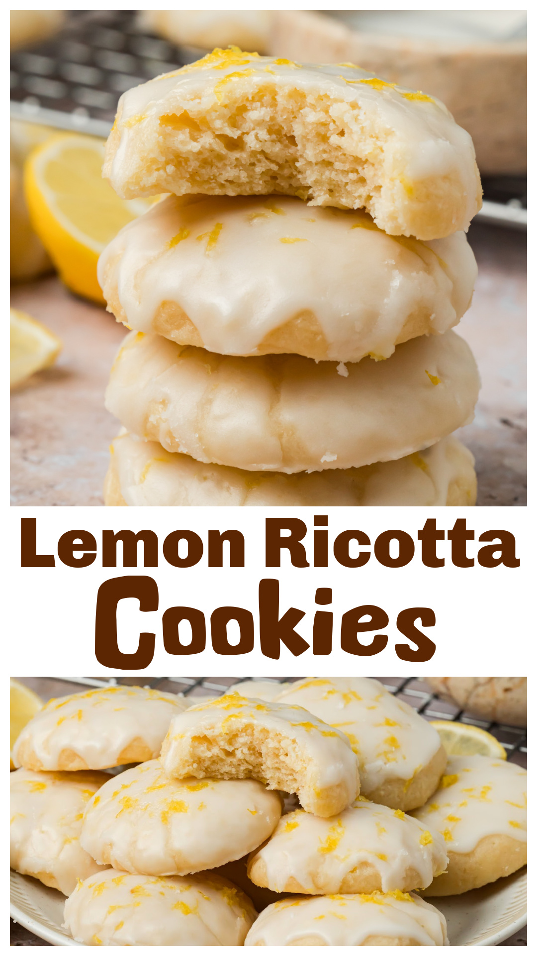 These lemon ricotta cookies are soft, tender and cake-like with fresh lemon flavor throughout. Whole-milk ricotta keeps the centers tender, while fresh lemon zest and juice flavor the cookie dough. After baking, each cookie is dipped in a thick glaze made with confectioners’ sugar and fresh lemon juice. The cookies stay pale and puffy in the oven and can be made ahead or frozen before glazing. A classic Italian lemon ricotta cookie recipe for holidays, parties or dessert trays. via @cmpollak1