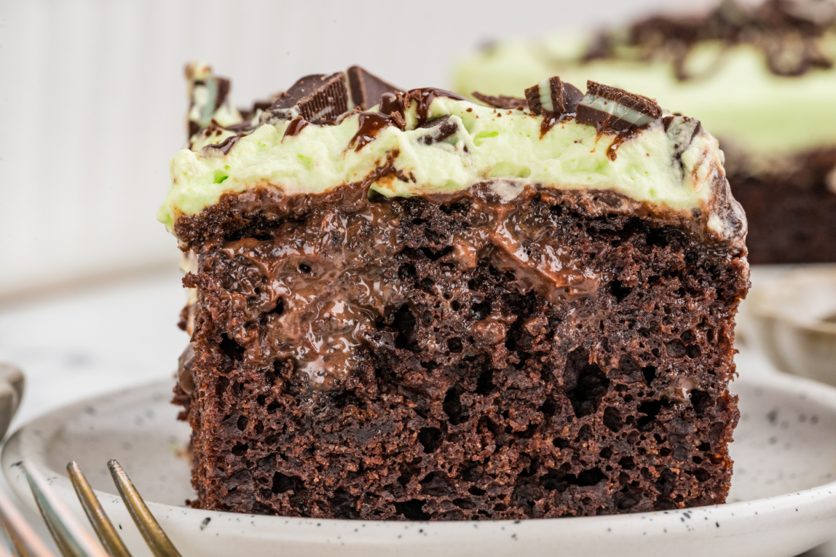 Close-up of mint chocolate poke cake showing hot fudge and chocolate pudding absorbed into the cake beneath green mint whipped cream and chopped Andes mints.