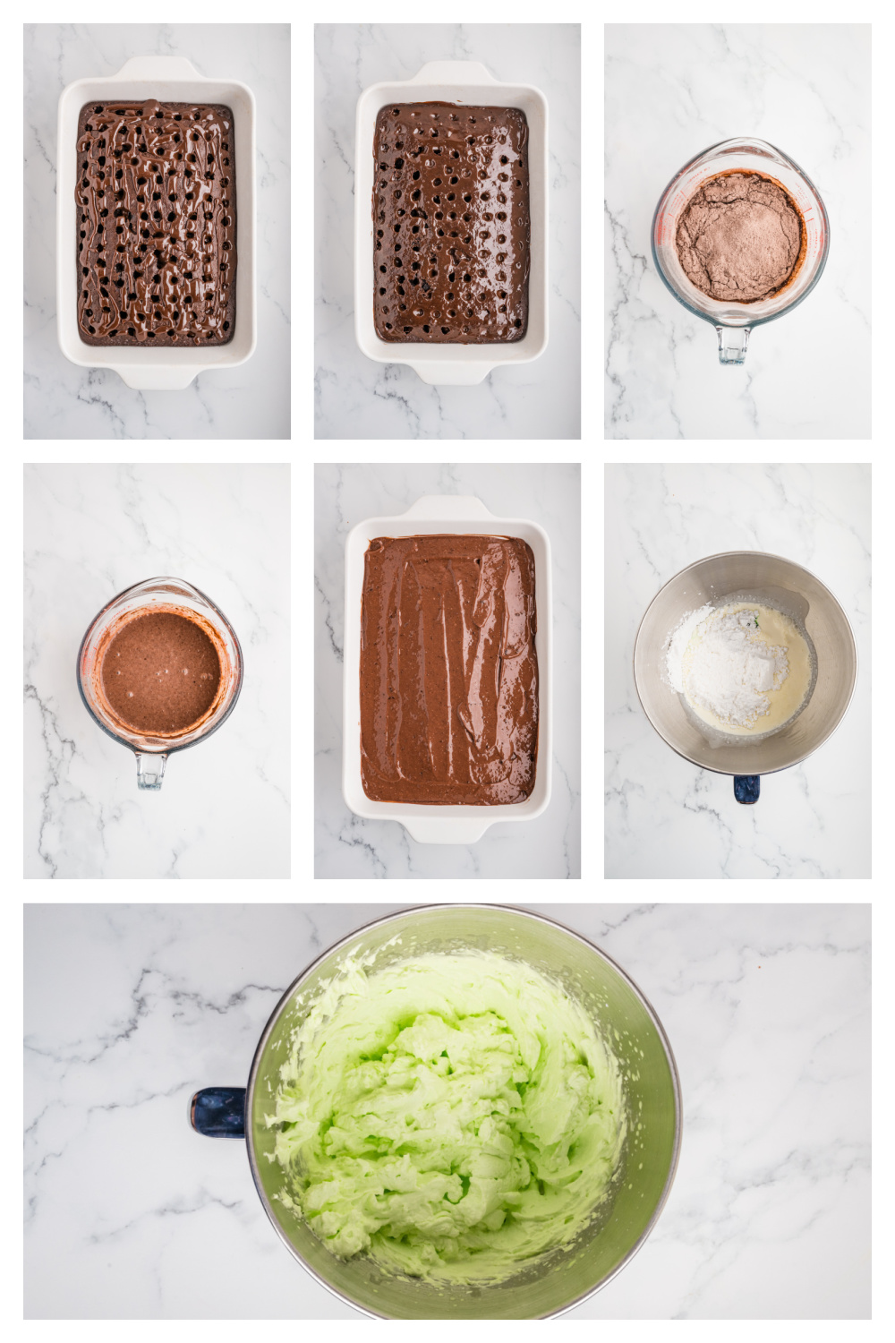 Step-by-step process for making mint chocolate poke cake, showing holes poked into the chocolate cake, hot fudge filling and chocolate mint pudding spread over the top.