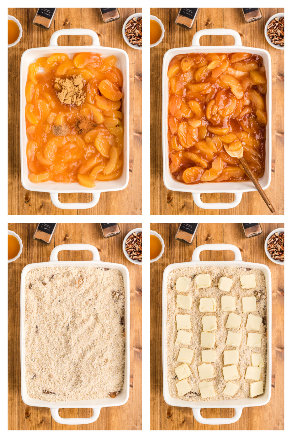 The preparation process for apple crisp dump cake, from seasoned apple pie filling to oatmeal cookie mix and butter arranged in the baking dish. Step-by-step photos showing how to make oatmeal cookie apple crisp dump cake with apple pie filling, dry cookie mix, and sliced butter.