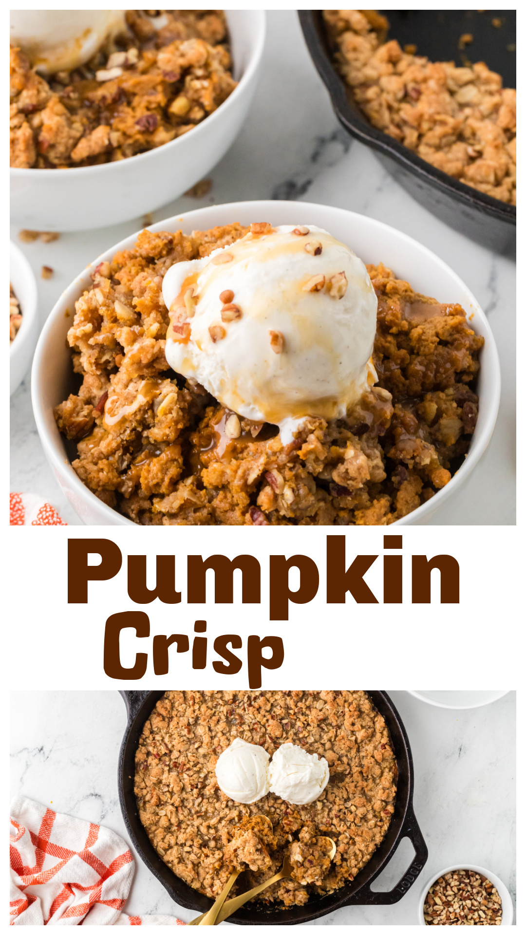 This Pumpkin Crisp has a creamy pumpkin pie filling covered with a buttery oat and pecan topping, baked golden in a cast-iron skillet. Made with canned pumpkin, brown sugar, evaporated milk, cinnamon, and lots of oats and pecans, it's an easy fall dessert without the trouble of making pie crust. Serve it warm with vanilla ice cream and caramel sauce for Thanksgiving, holiday gatherings, or any night you're craving pumpkin dessert. Save this homemade pumpkin crisp recipe for later. via @cmpollak1