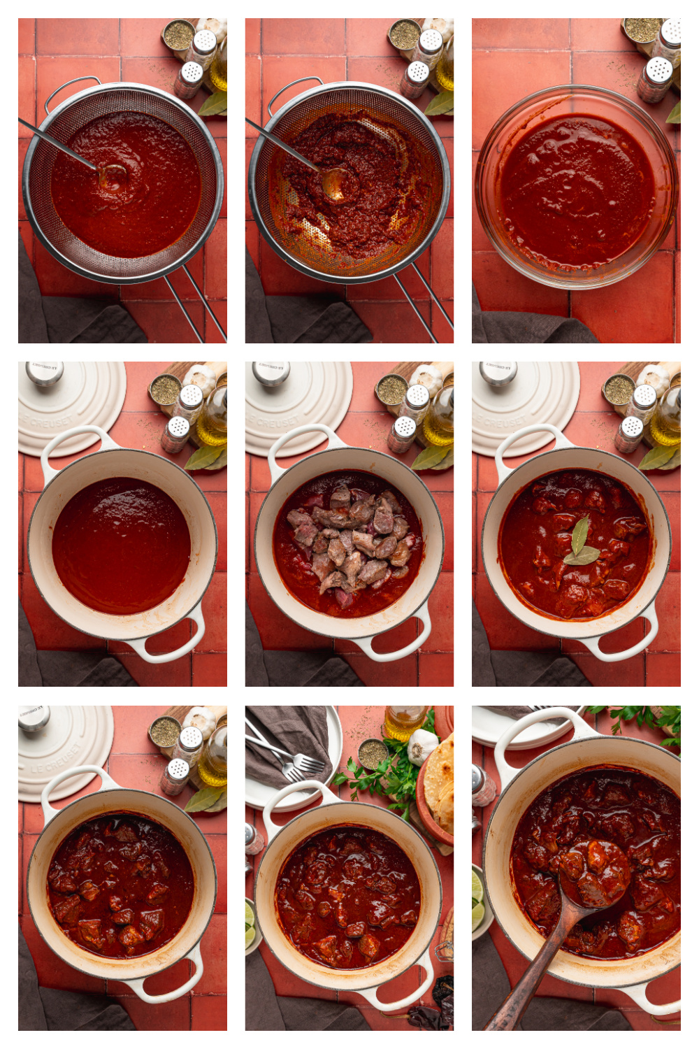 Blending and straining the red chile sauce before braising the pork shoulder