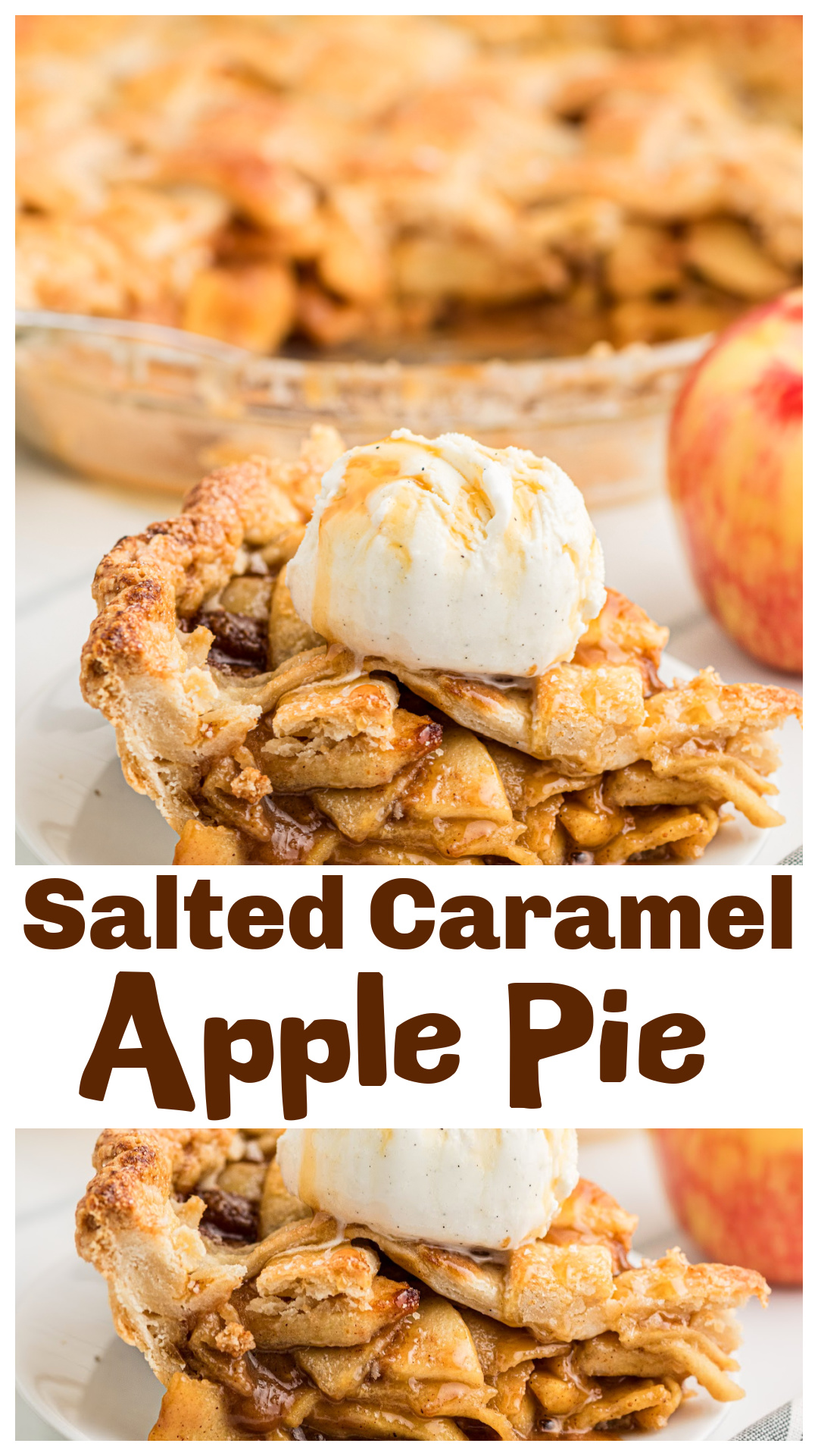 Honeycrisp apples, and caramel baked directly into the filling. The apples are coated in homemade salted caramel, brown sugar, cinnamon, and nutmeg before baking. Flaky sea salt finishes the golden crust, while the caramel stays soft enough to flow slightly when sliced. Serve with vanilla ice cream and extra caramel sauce for a homemade apple dessert. via @cmpollak1