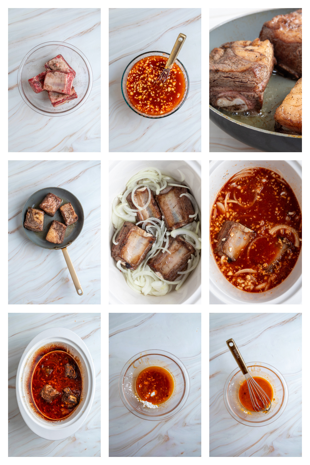 Step-by-step photos showing how to make Korean braised short ribs, from searing the beef to slow cooking and thickening the gochujang sauce.