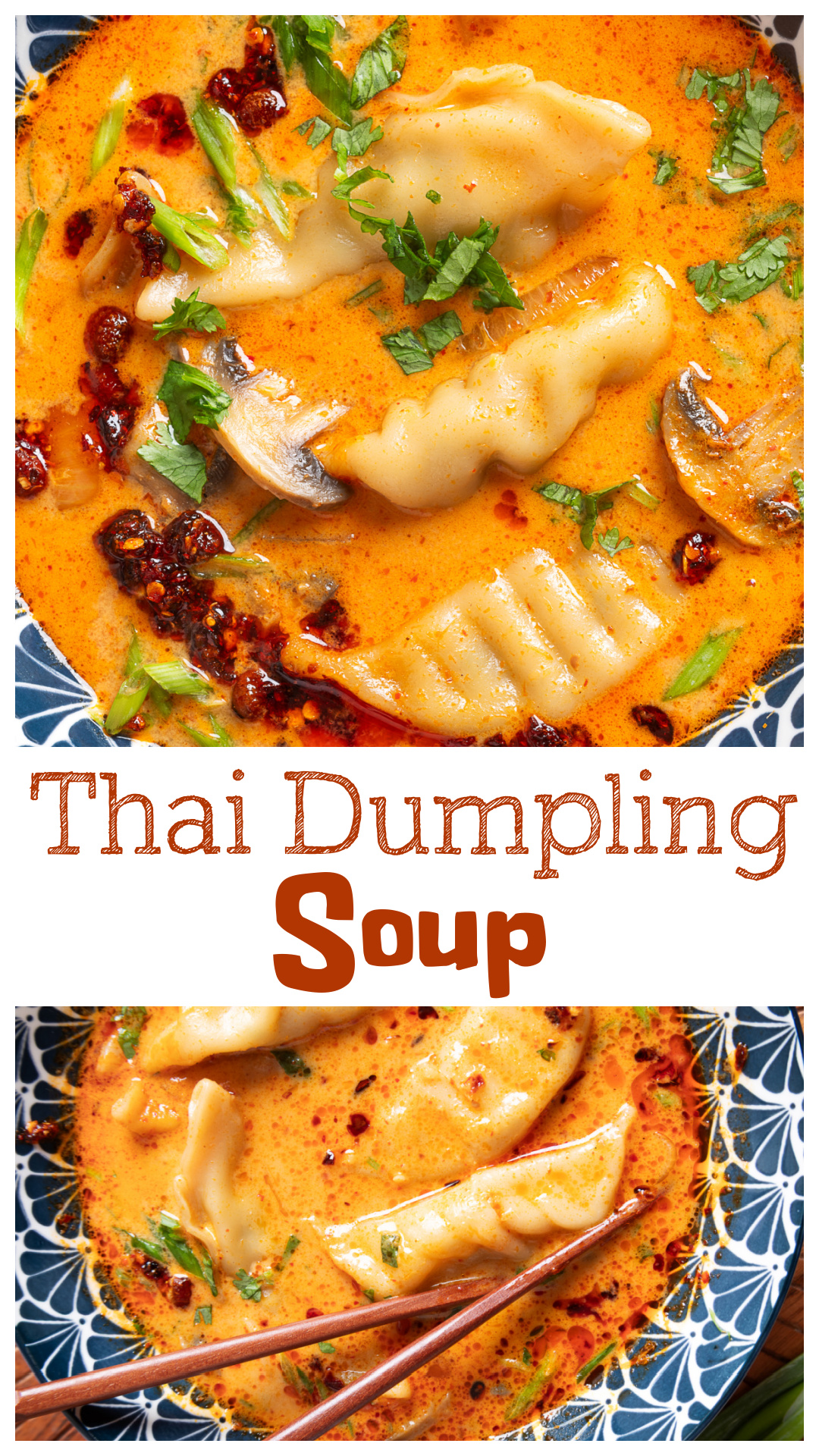 Thai Dumpling Soup is an easy dinner made with frozen pork potstickers simmered in a creamy coconut red curry broth. Fresh ginger, garlic, sliced mushrooms, fish sauce, and lime juice give this soup its savory flavor, while chili crisp adds extra heat at serving. There's no need to make dumplings from scratch or thicken the broth with cornstarch. Full-fat coconut milk does the trick. Finish with fresh cilantro, green onions, or chopped peanuts for a satisfying Thai-inspired meal. via @cmpollak1