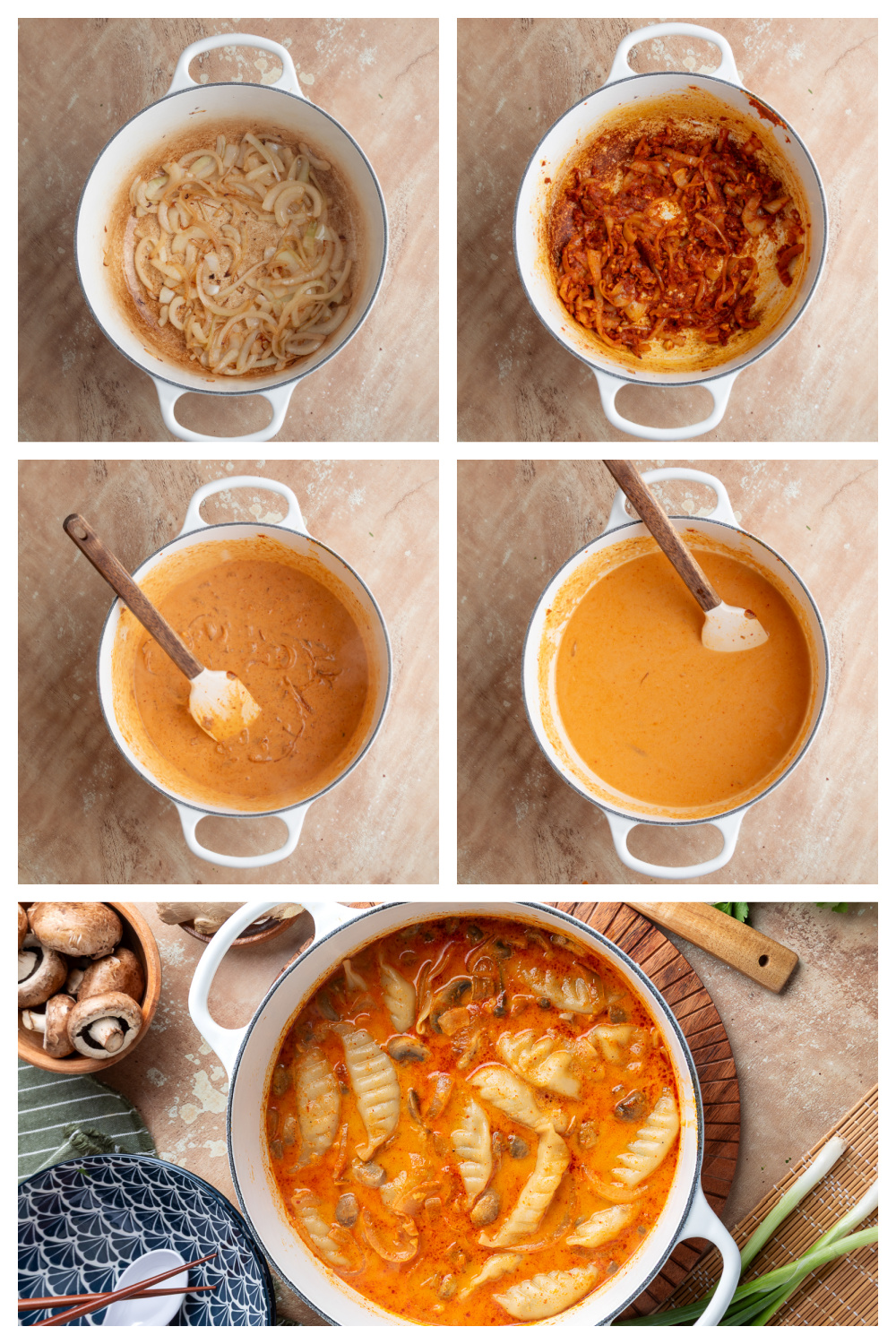 How to Make Thai Dumpling Soup Step-by-step process for making Thai Dumpling Soup with frozen pork potstickers and coconut red curry broth.
