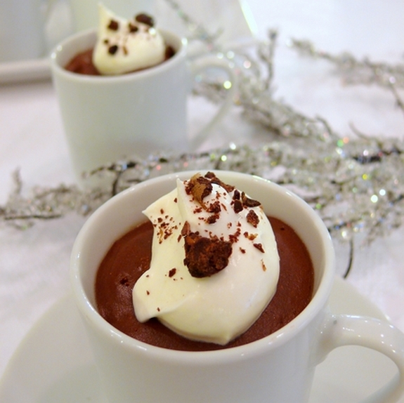Dark chocolate espresso pudding with white chocolate whipped cream