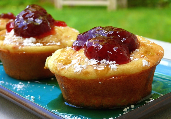 Pancake souffle muffins with spiced strawberry pinot jam